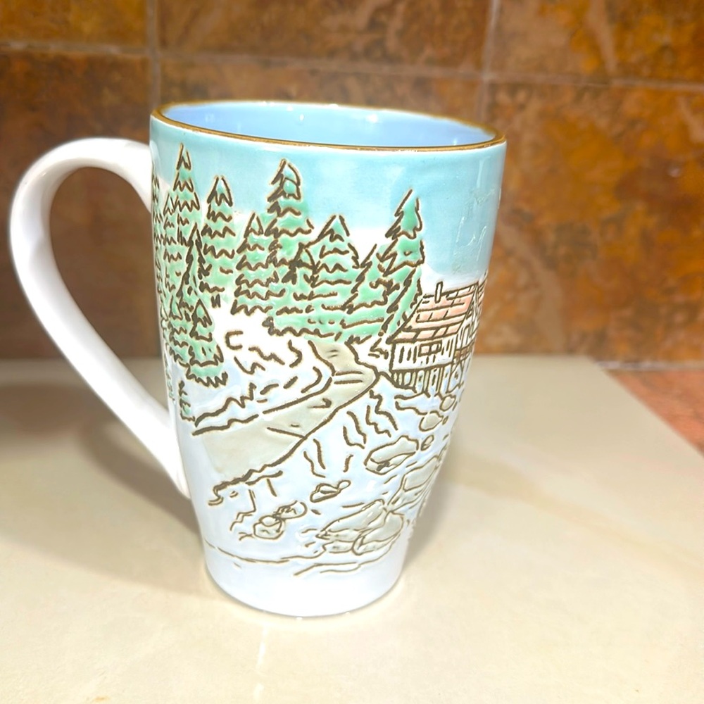 Mountain Trees Tall Latte Mug,  Coffee Cup, Sun River Stream Large Tea Cup,